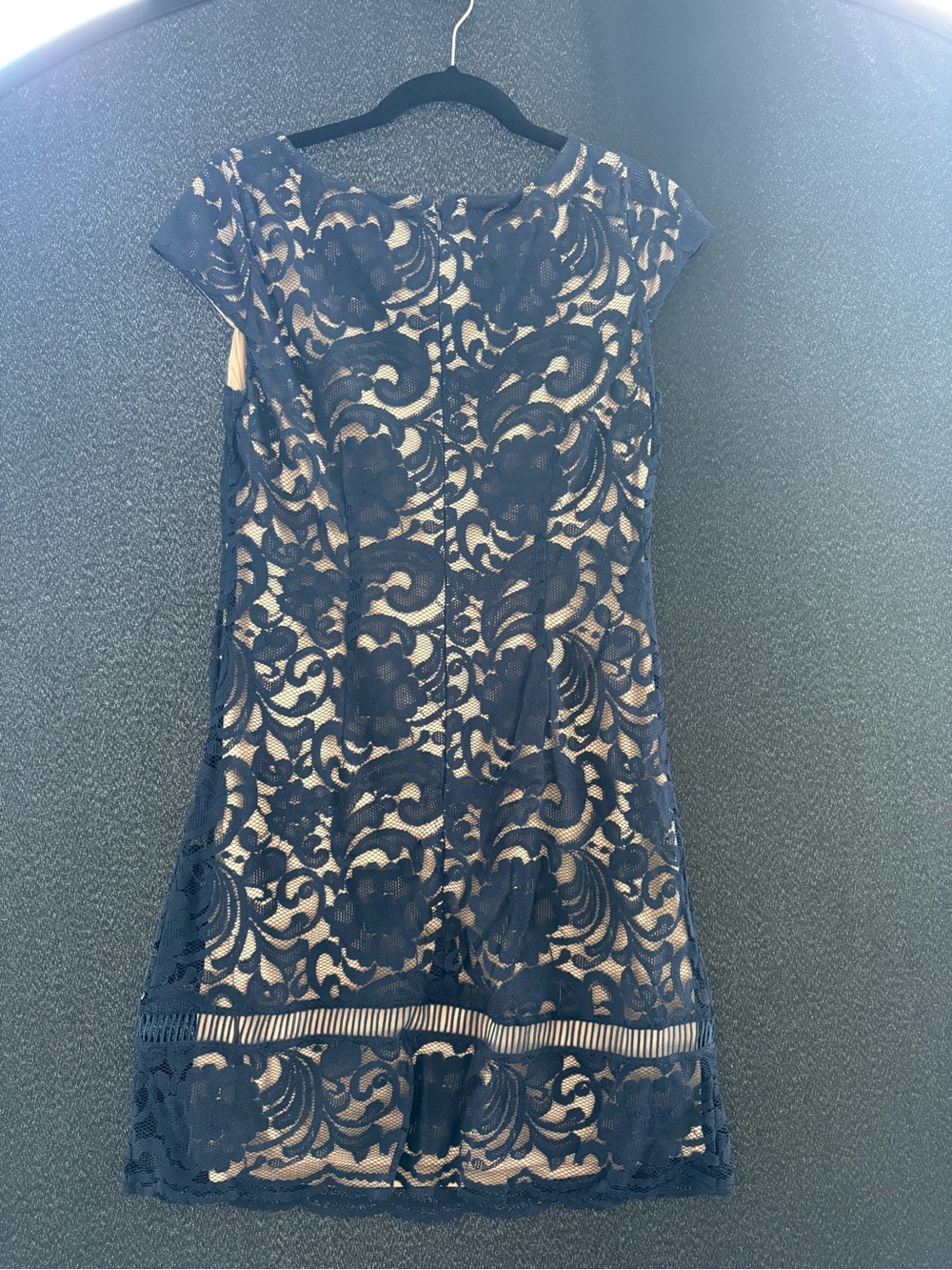 Navy Lace Overlay Cap-Sleeve Dress